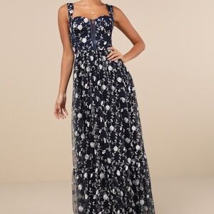 Lulus Gala Invite Navy Blue Embroidered Tulle Bustier Maxi Dress - Size M